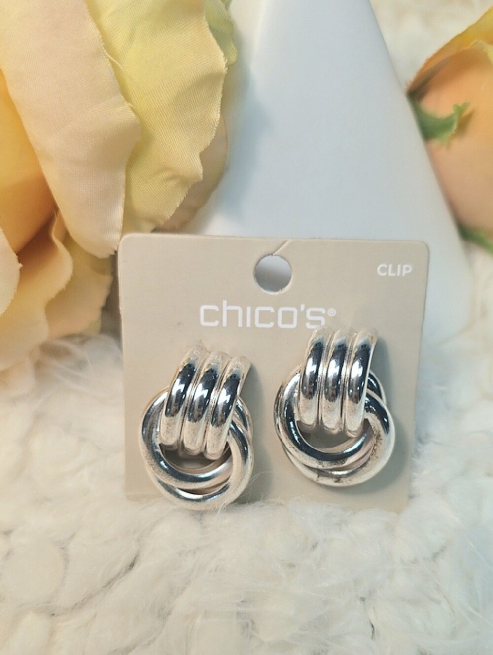 Chico's Silver Tone Triple Row Love Knot Clip-On Earrings